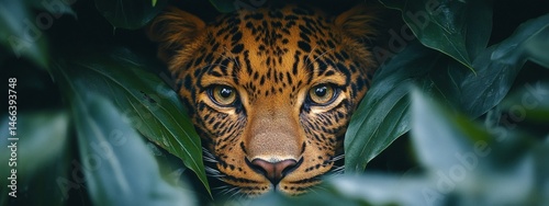 Intense jungle scene with leopard camouflaged in green leaves showing primal beauty and predator focus in the wild


