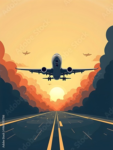 Airplane Approach Landing Illustration Aviation Travel Silhouette Design