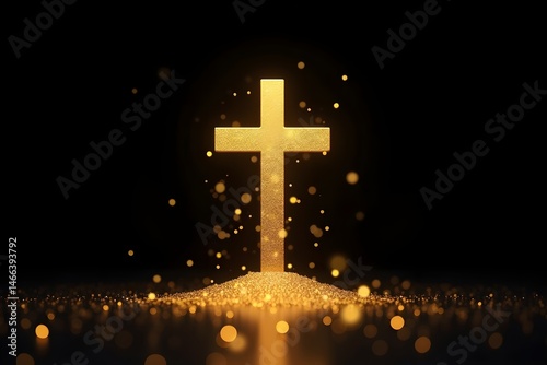 Obraz na płótnie glowing golden cross, omate religious symbol, dramatic lighting, bright sparkles, heavenly glow, shimmering particles, ethereal atmosphere, dramatic w salonie