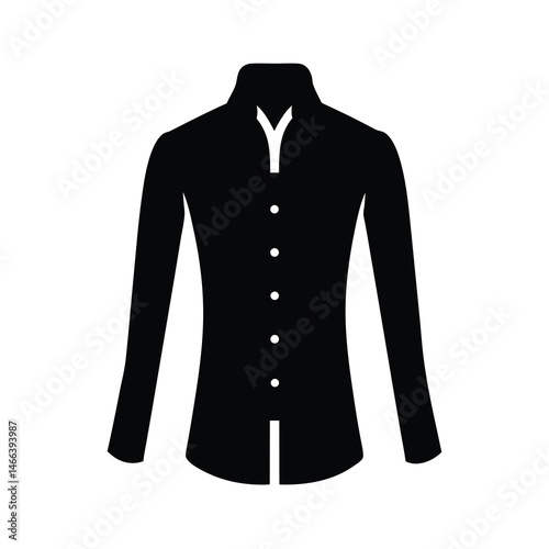 button down shirt vector silhouette icon, black and white illustration of clothing.
