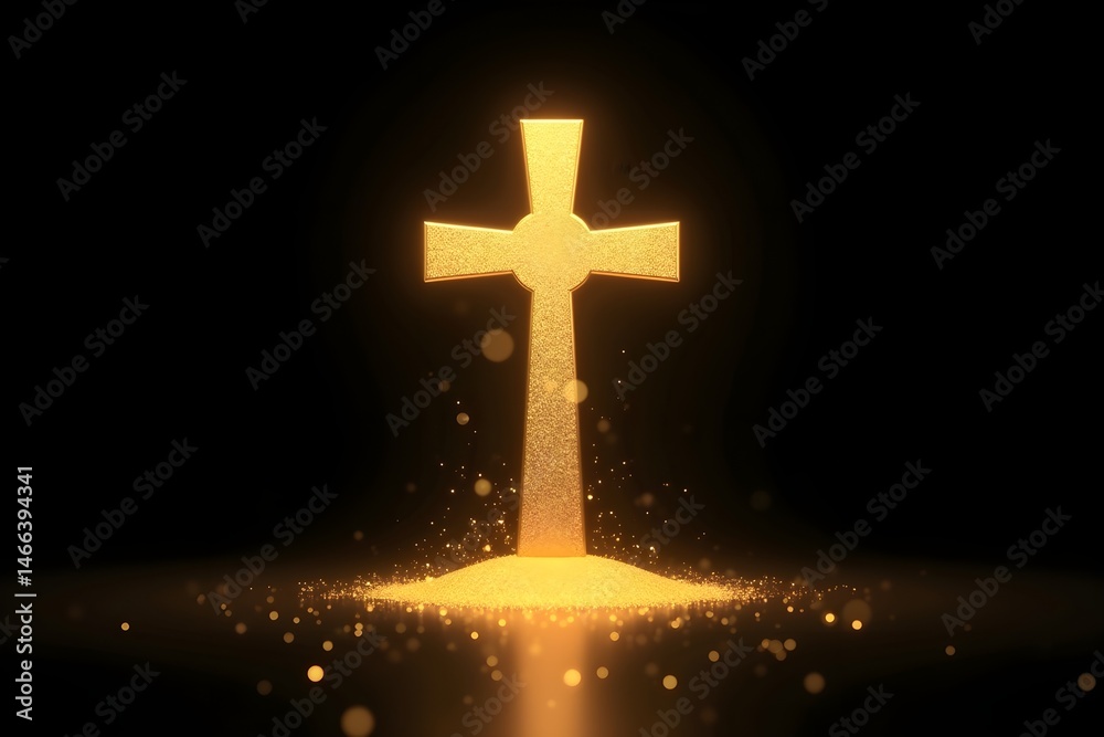 glowing golden cross, omate religious symbol, dramatic lighting, bright sparkles, heavenly glow, shimmering particles, ethereal atmosphere, dramatic