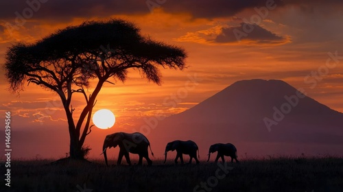 elephants walking in front of a tree at sunset