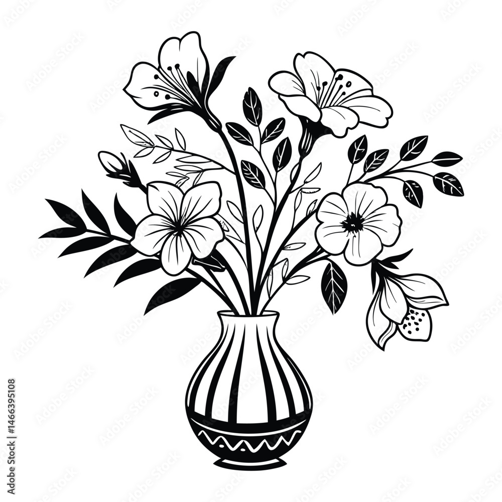 Obraz premium A black and white drawing of a vase with flowers
