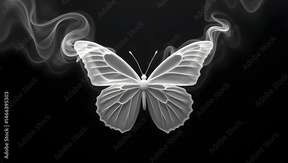 white butterfly, ethereal, transparent wings, soft focus, glowing, dramatic lighting, cinematic, high contrast, dark background