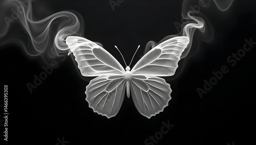 Obraz na płótnie white butterfly, ethereal, transparent wings, soft focus, glowing, dramatic lighting, cinematic, high contrast, dark background w salonie