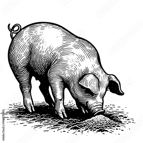 Vintage black and white ink illustration of a pig sniffing mud on the ground, isolated on white background, rustic countryside farm style, detailed engraving sketch.