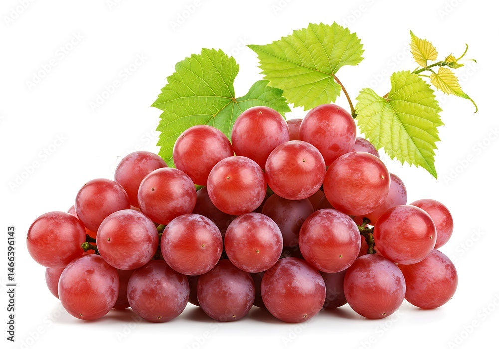 Fototapeta premium A vibrant bunch of red grapes with green leaves isolate on white background