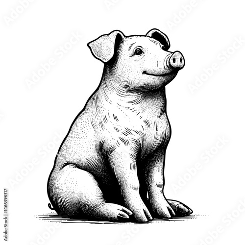 Vintage black and white ink illustration of a pig standing, isolated on white background, rustic countryside farm style, detailed classic engraving sketch.