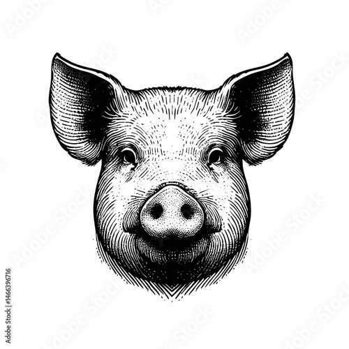 Vintage black and white ink illustration of a pig’s head in close-up, showing detailed features, isolated on white background, rustic farm style, engraving sketch.