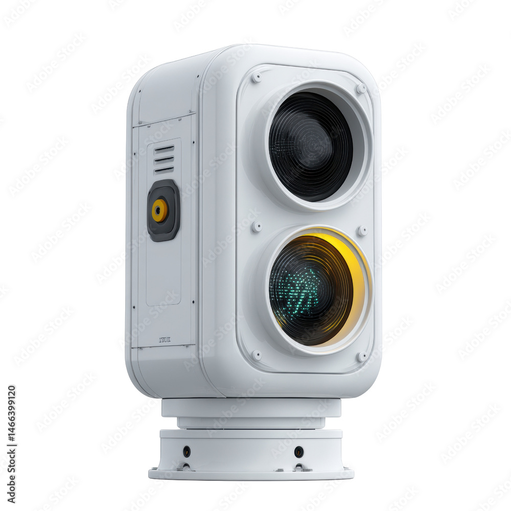 An advanced white security camera with dual lenses and yellow light is mounted on a rotating base against a plain white background, offe detailed surveillance. An advanced white security camera with dual lenses and yellow light is mounted on a rotating base against a plain white background, offe detailed surveillance.