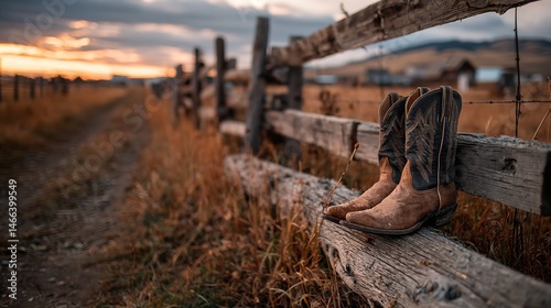 Cowboy boots resting against a weathered wooden fence in a field at sunset, with mountain silhouettes and vibrant sky in the background