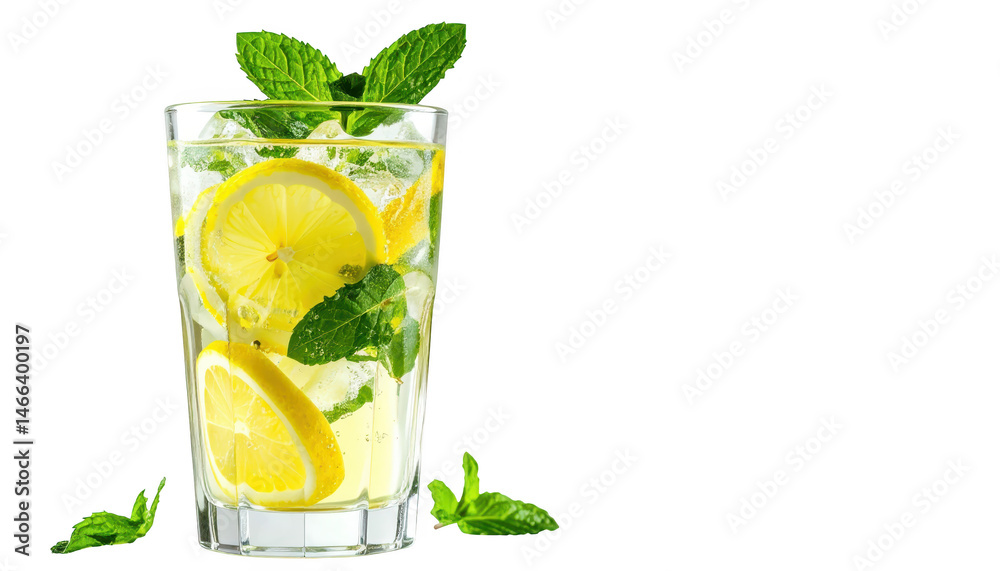 Fototapeta premium Refreshing glass of lemon water with mint and lemon slices, a healthy hydrating beverage