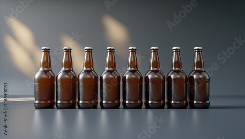 A line of chilled beer bottles arranged neatly with empty space for text, perfect for advertising or branding, evoking a refreshing, casual, and inviting atmosphere.