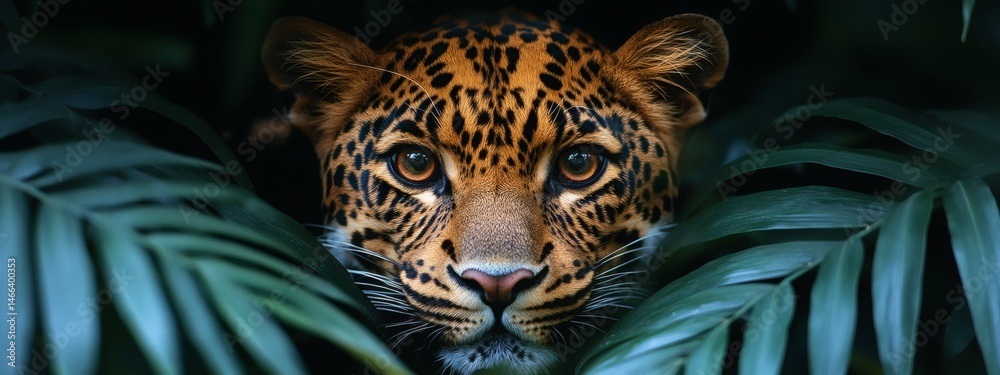 Leopard hiding in tropical foliage with intense focused eyes and spotted fur pattern visible through green leaves in wild animal jungle setting full of tension and primal beauty,