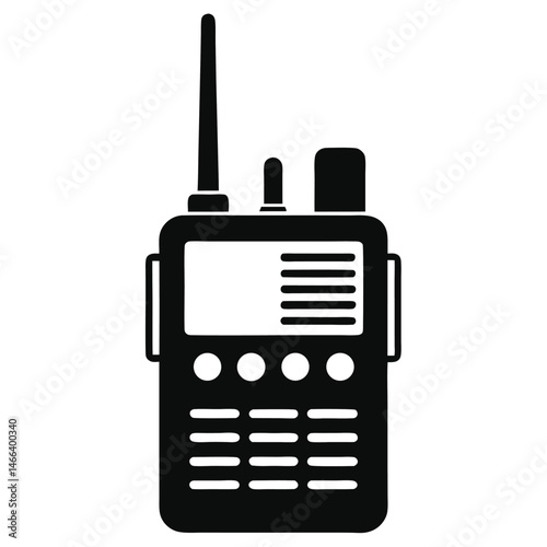 A black portable radio with an antenna, screen, buttons, and speaker graces a white background
