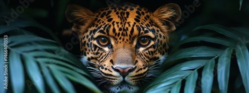 Obraz na płótnie Leopard hiding in tropical foliage with intense focused eyes and spotted fur pattern visible through green leaves in wild animal jungle setting full of tension and primal beauty,
w salonie