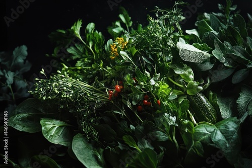 Stylish composition of vegetables and herbs, captured on phone camera