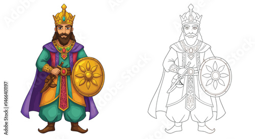 Ancient King: A majestic king stands, exuding power. wearing a crown, holding a shield, a symbol of authority and heritage.