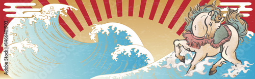 バナー　年賀状2026　年賀2026　午　午年　馬　海　初日の出　墨絵　水墨画　日本画　イラスト素材
