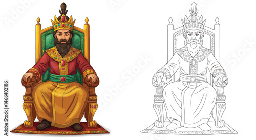 Royal Majesty in Two Styles: An illustration depicting a royal king in a magnificent throne, adorned with intricate details and royal regalia.