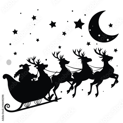 a black silhouette illustration of Santa Claus riding in his sleigh pulled by four reindeer across a starry night sky