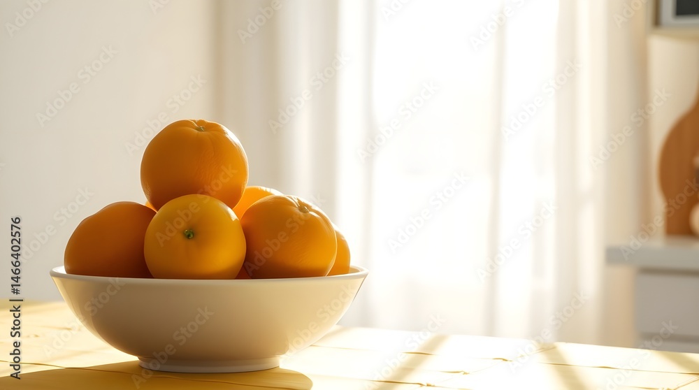 a bowl of oranges on a table, photorealistic, high definition, studio lighting, natural colors, uncluttered background, crisp focus, exquisite detail