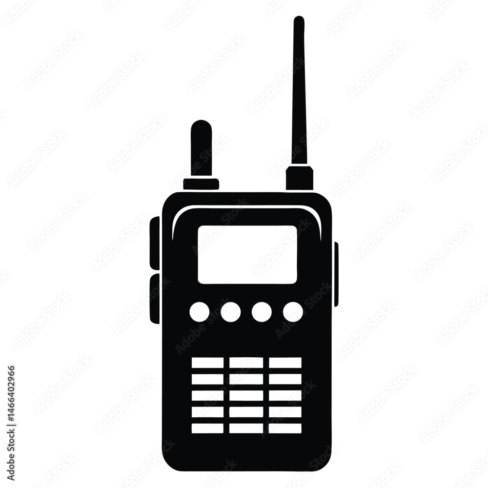 An isolated, black walkie talkie with a tall antenna stands upright prominently An isolated, black walkie talkie with a tall antenna stands upright prominently