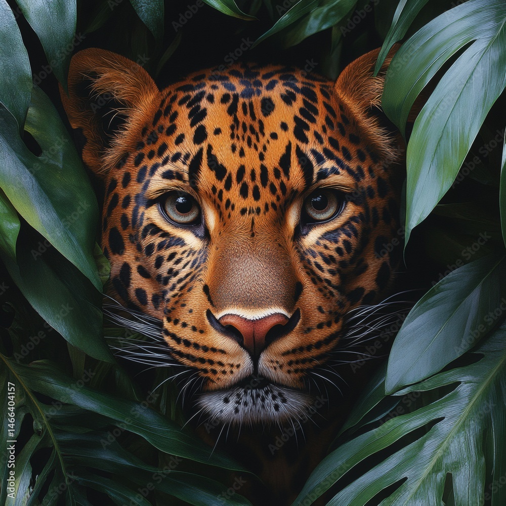 Leopard hiding in tropical foliage with intense focused eyes and spotted fur pattern visible through green leaves in wild animal jungle setting full of tension and primal beauty,