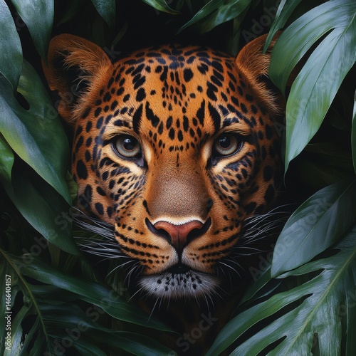 Leopard hiding in tropical foliage with intense focused eyes and spotted fur pattern visible through green leaves in wild animal jungle setting full of tension and primal beauty,


