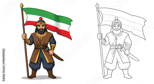 Hero with Flag: A valorous character, a hero, proudly raises a flag bearing a meaningful emblem in a spirited display. A vibrant and symbolic portrayal with an illustration style. 