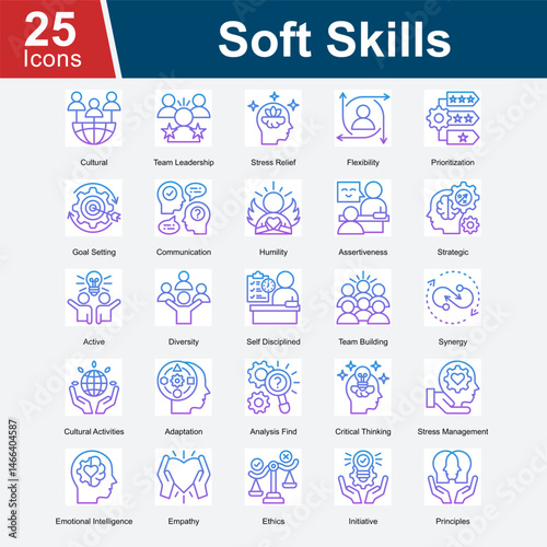 Soft Skills is a collection of icons representing the essential interpersonal and intrapersonal skills that enhance teamwork, leadership, communication, emotional intelligence, stress management.