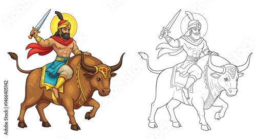 Divine Rider: A majestic illustration showcases a divine figure on a bull, brandishing a sword. Capturing a sense of power and spiritual significance.