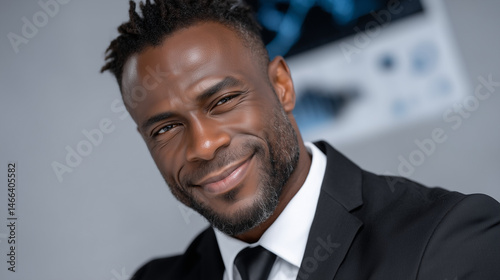 Confident Black Male CEO in a Formal Suit Smiling Against a Pure White Background with Business Graphics in the Scene