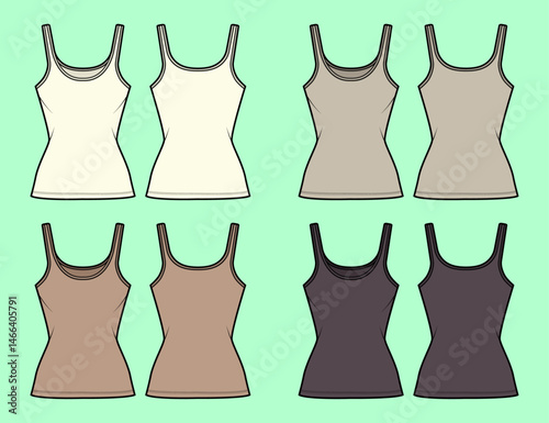 Fashion camisole tops bundle colour set technical drawing fashion flat sketch vector illustration template front and back views outline CAD mockup