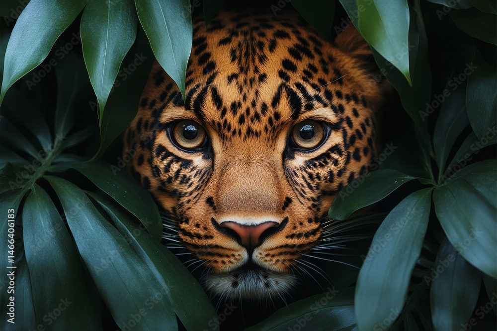 Leopard hiding in tropical foliage with intense focused eyes and spotted fur pattern visible through green leaves in wild animal jungle setting full of tension and primal beauty,