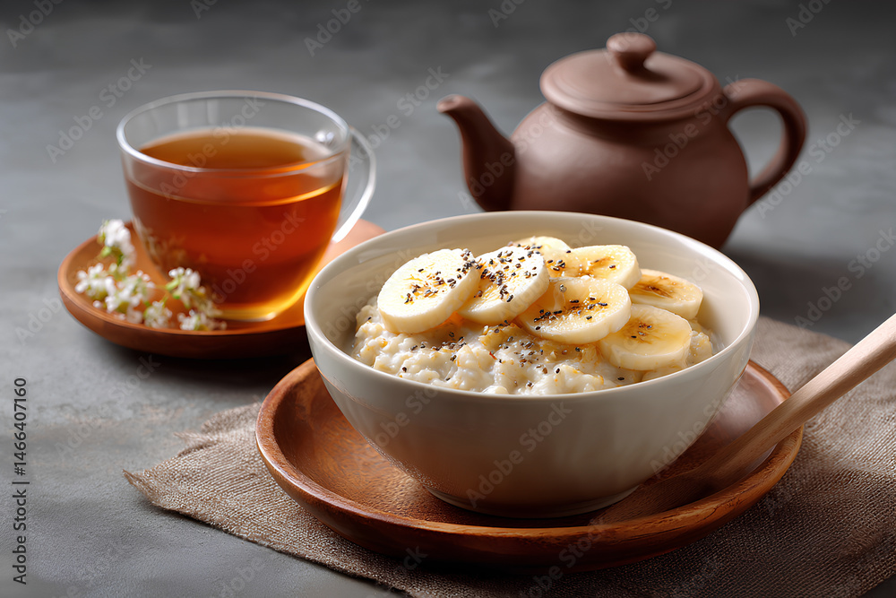 Healthy porridge topped with banana slices and chia seeds served with warm tea representing soothing and gentle food for COVID symptom support
Healthy porridge topped with banana slices and chia seeds served with warm tea representing soothing and gentle food for COVID symptom support