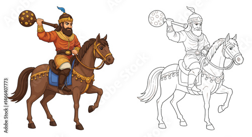 Knight on Horseback Illustration: A majestic knight in full armor, riding a powerful horse with a mace in hand, stands proudly against a clean white background.