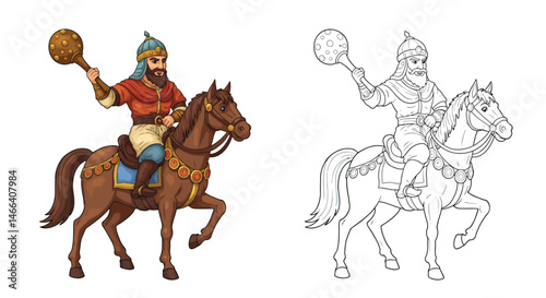 Armed Rider Illustration: Depicting a historic figure in vibrant colors or a detailed line drawing. The image captures an armed rider on horseback, wielding a mace, set against a simple backdrop.