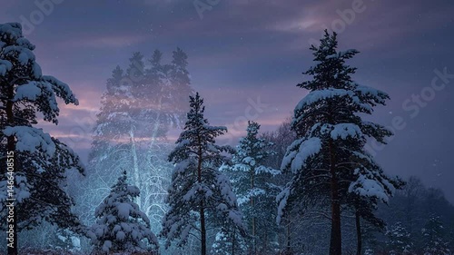 Winter's cold embrace on the snowy mountain landscape sees a beautiful sunset give way to a frosty sunrise over the trees