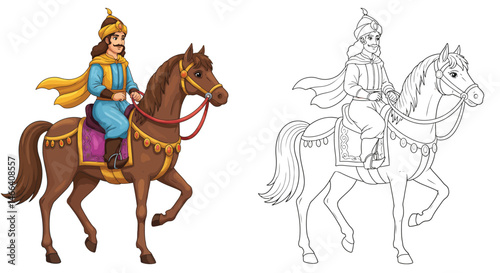 A Royal Equestrian: A vibrant illustration of a distinguished figure astride a noble steed, capturing the essence of regal poise and historical grandeur.