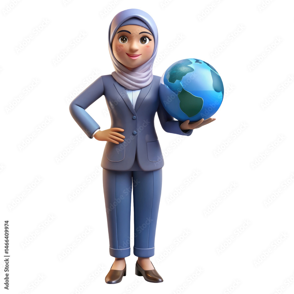 Empowered 3D Muslim Businesswoman – Stylish Cartoon Character Holding Globe for Global, Business & Diversity Concepts Empowered 3D Muslim Businesswoman – Stylish Cartoon Character Holding Globe for Global, Business & Diversity Concepts