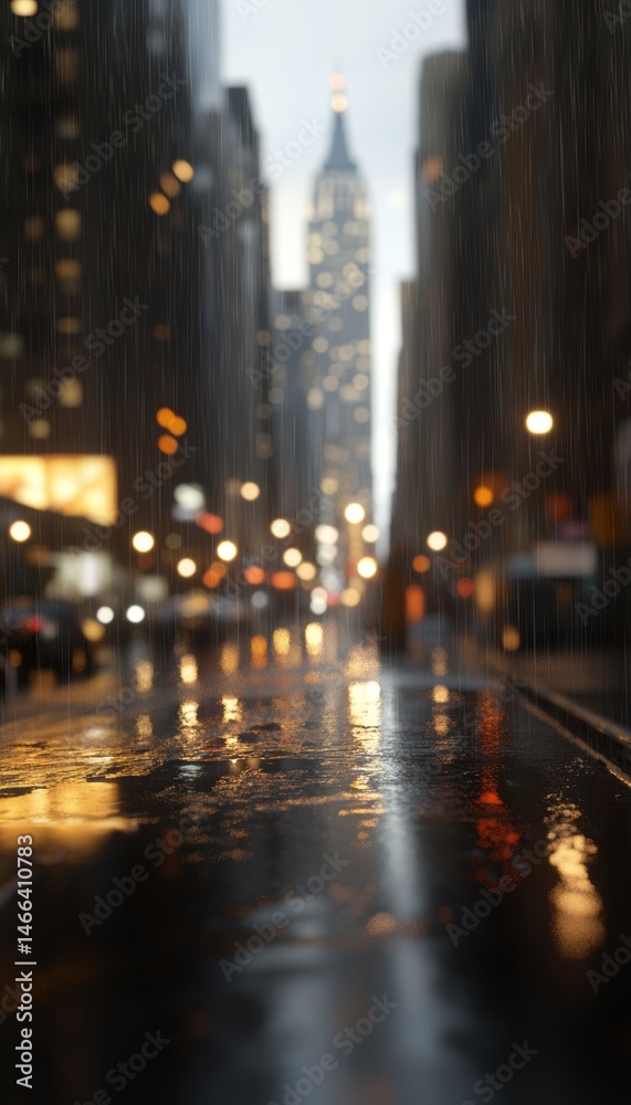 Dreamy city skyline with bright lights reflected on a rain soaked street in a realistic photo