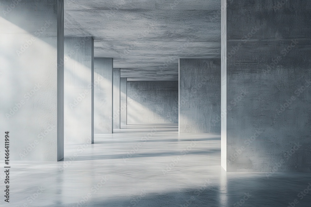 Fototapeta premium A vast empty concrete hallway featuring supportive columns and a ceiling