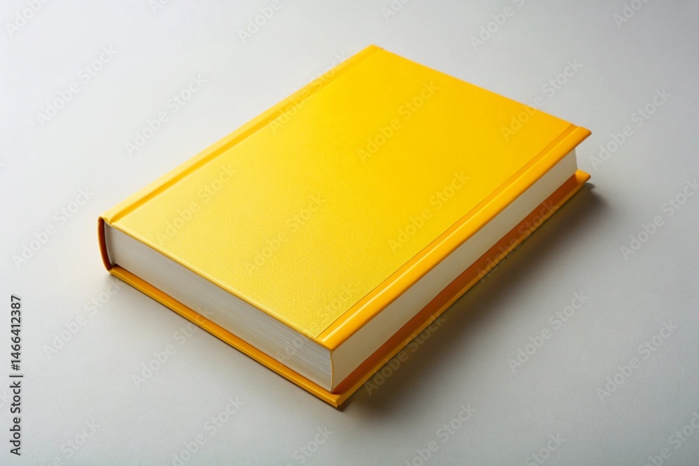 A single closed yellow hardcover book on a plain grey surface for education and reading A single closed yellow hardcover book on a plain grey surface for education and reading