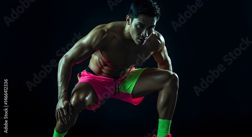 Athletic male in fitness gear, neon lighting studio shot