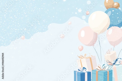 A blue background with balloons, gifts, and colorful confetti