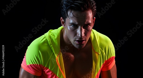 Athletic male in fitness gear, neon lighting studio shot