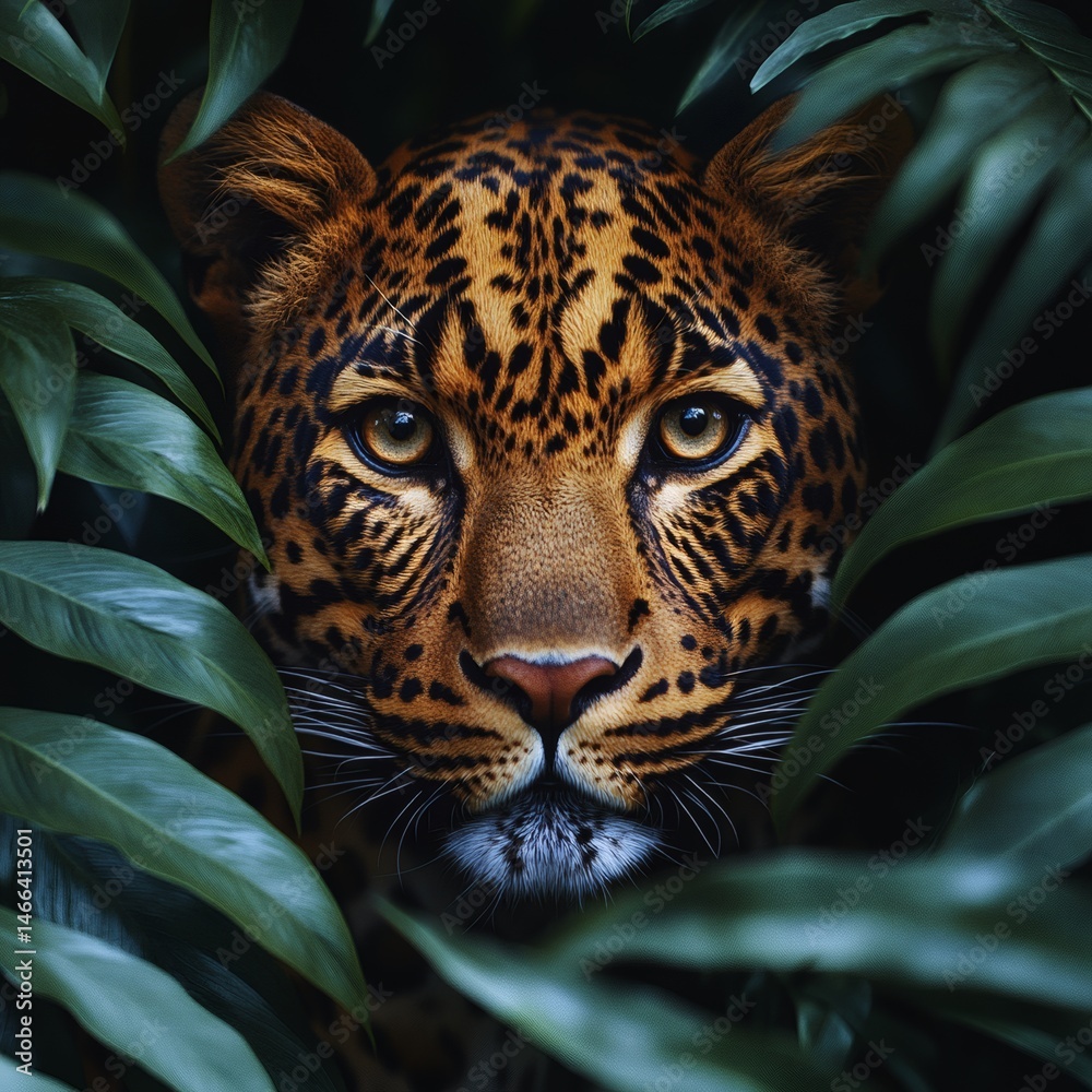 Leopard hiding in tropical foliage with intense focused eyes and spotted fur pattern visible through green leaves in wild animal jungle setting full of tension and primal beauty,