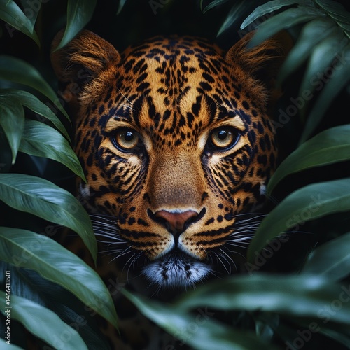 Obraz na płótnie Leopard hiding in tropical foliage with intense focused eyes and spotted fur pattern visible through green leaves in wild animal jungle setting full of tension and primal beauty,
w salonie