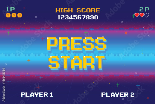 PRESS START INSERT A COIN TO CONTINUE. pixel art .8 bit game. retro game. for game assets. Retro Futurism Sci-Fi Background. glowing neon grid. and stars from vintage arcade computer games